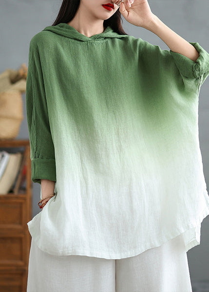 Green Bohemian Linen Hooded Gradient Loose Spring Sweatshirts FashionChic