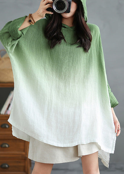 Green Bohemian Linen Hooded Gradient Loose Spring Sweatshirts FashionChic