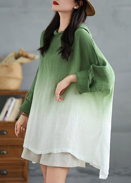 Green Bohemian Linen Hooded Gradient Loose Spring Sweatshirts FashionChic