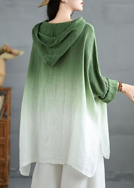 Green Bohemian Linen Hooded Gradient Loose Spring Sweatshirts FashionChic
