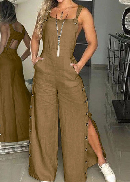 Cotton Bohemian Sleeveless Jumpsuits Patchwork Green Backless FashionChic