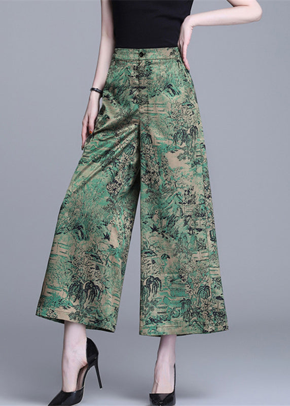 Bohemian Green High Waist Print Silk Wide Leg Pants Summer OO020 OM-CS240814