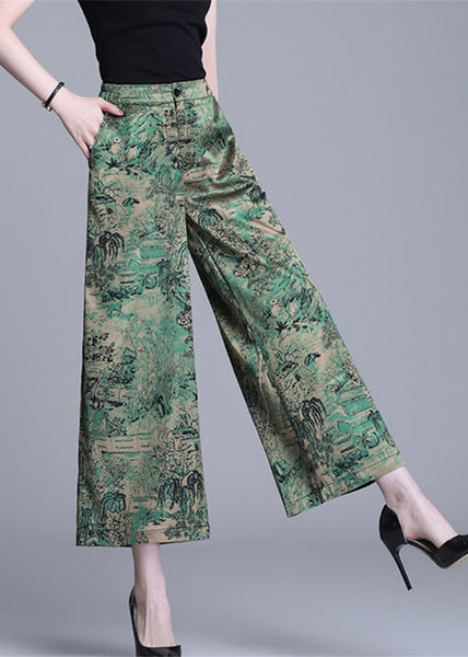 Bohemian Green High Waist Print Silk Wide Leg Pants Summer OO020 OM-CS240814