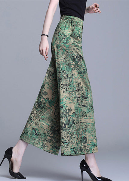 Bohemian Green High Waist Print Silk Wide Leg Pants Summer OO020 OM-CS240814