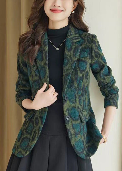 Bohemian Green Leopard Print Woolen Coats Spring YJ058 ABC