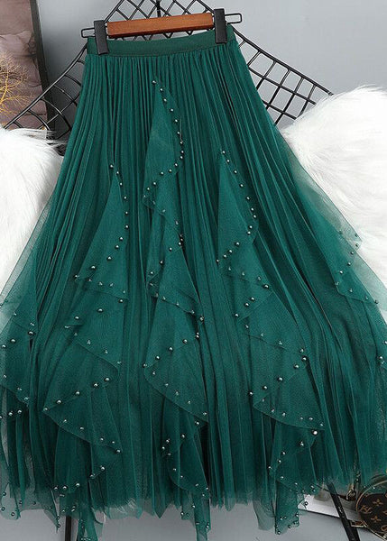 Bohemian Bead Waist Maxi Elastic Tulle Nail Skirt Green Patchwork FashionChic