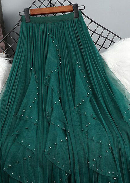 Bohemian Bead Waist Maxi Elastic Tulle Nail Skirt Green Patchwork FashionChic