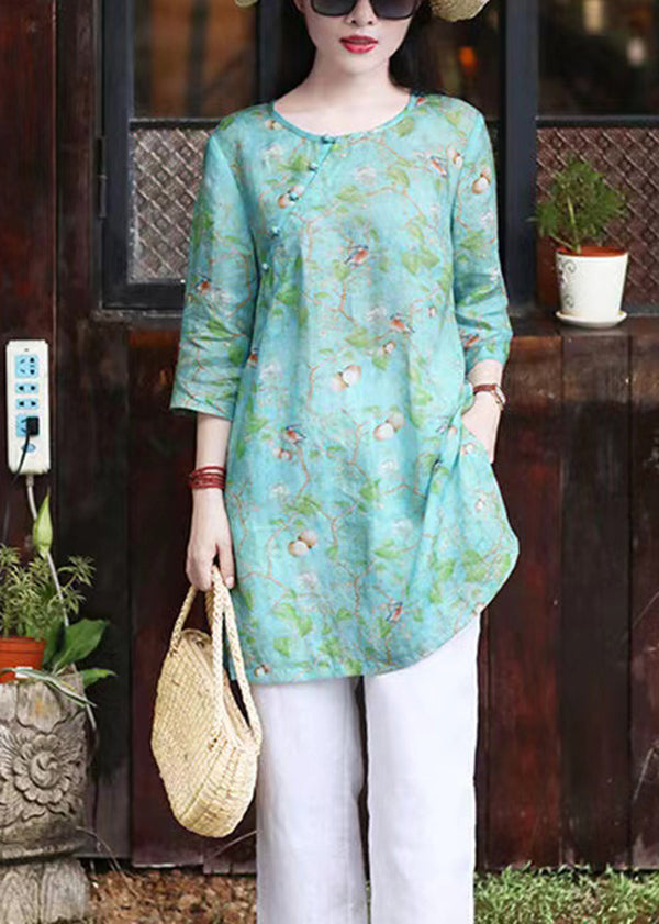 Bohemian Green O Neck Print Linen Shirt Top Bracelet Sleeve BV045 MZF-HTP240702