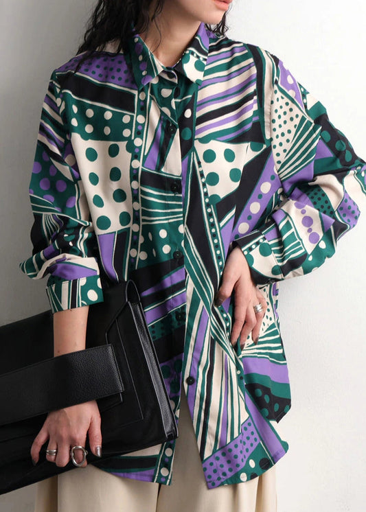 Bohemian Green Oversized Fall Top Print Shirt Chiffon FashionChic