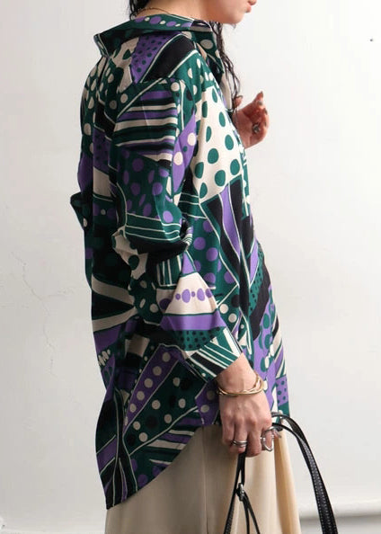 Bohemian Green Oversized Fall Top Print Shirt Chiffon FashionChic