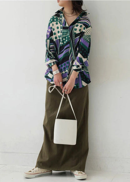 Bohemian Green Oversized Fall Top Print Shirt Chiffon FashionChic