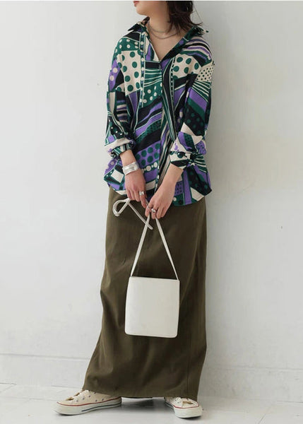 Bohemian Green Oversized Fall Top Print Shirt Chiffon FashionChic