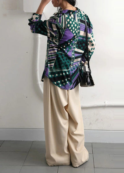 Bohemian Green Oversized Fall Top Print Shirt Chiffon FashionChic
