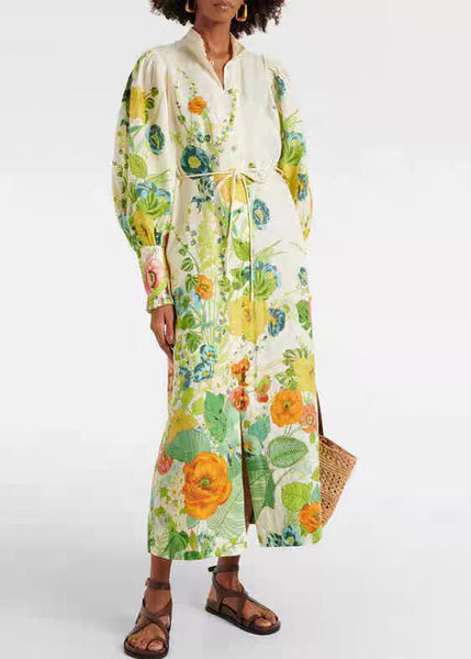 Bohemian Green Print Pockets Tie Waist Cotton Shirts Dresses Fall AU1016 OM-ZS240902