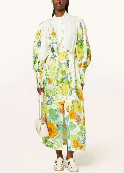 Bohemian Green Print Pockets Tie Waist Cotton Shirts Dresses Fall AU1016 OM-ZS240902