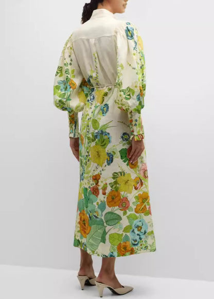 Bohemian Green Print Pockets Tie Waist Cotton Shirts Dresses Fall AU1016 OM-ZS240902