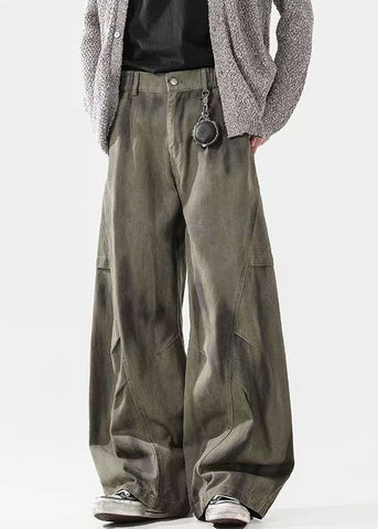 Pants Men Waist Elastic Cotton Dye Wrinkled Tie Green Bohemian FashionChic