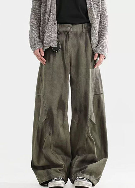 Pants Men Waist Elastic Cotton Dye Wrinkled Tie Green Bohemian FashionChic