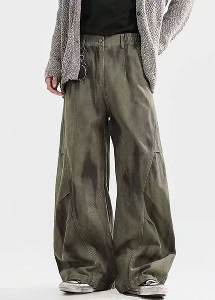 Pants Men Waist Elastic Cotton Dye Wrinkled Tie Green Bohemian FashionChic