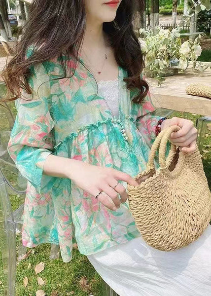 Bohemian Green V Neck Print Plus Size Linen Shirt Bracelet Sleeve FF017 MZF-HTP240607