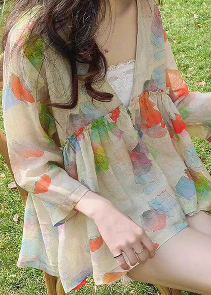 Bohemian Green V Neck Print Plus Size Linen Shirt Bracelet Sleeve FF017 MZF-HTP240607