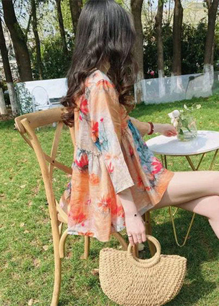 Bohemian Green V Neck Print Plus Size Linen Shirt Bracelet Sleeve FF017 MZF-HTP240607