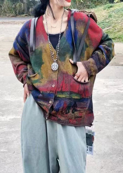 Bohemian Green V Neck Print Pockets Knit Cardigans Long Sleeve FF046 MZF-CDG240607