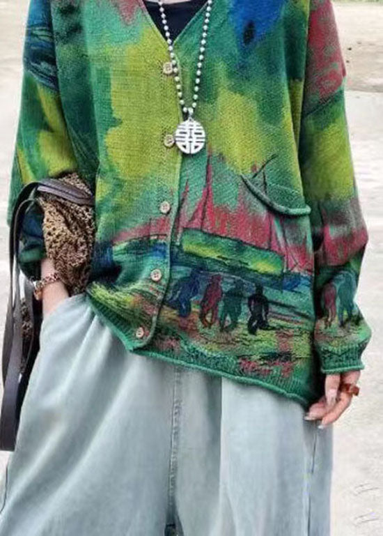 Bohemian Green V Neck Print Pockets Knit Cardigans Long Sleeve FF046 MZF-CDG240607