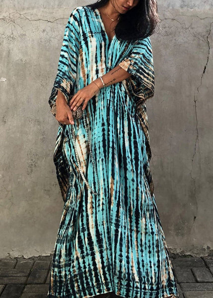 Bohemian Green V Neck Striped Print Women Beach Dress Summer VB1034 Ada Fashion
