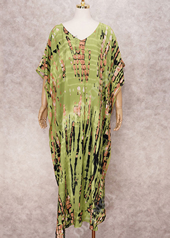 Bohemian Green V Neck Striped Print Women Beach Dress Summer VB1034 Ada Fashion