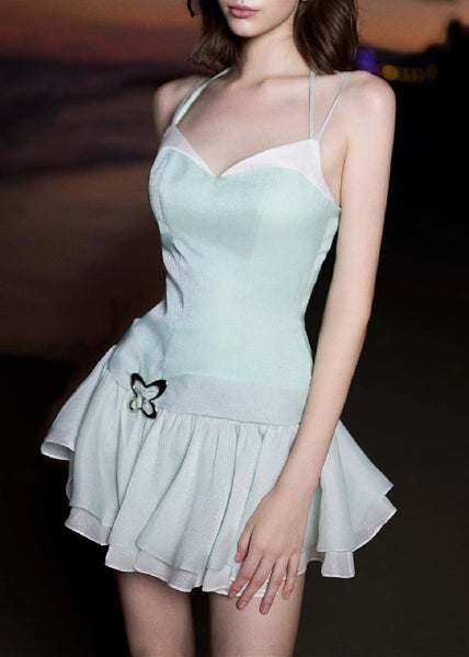 Bohemian Green V Neck Zippered Patchwork Cotton Spaghetti Strap Dress Sleeveless YZ033 ABC