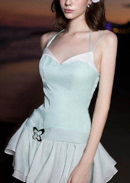 Bohemian Green V Neck Zippered Patchwork Cotton Spaghetti Strap Dress Sleeveless YZ033 ABC