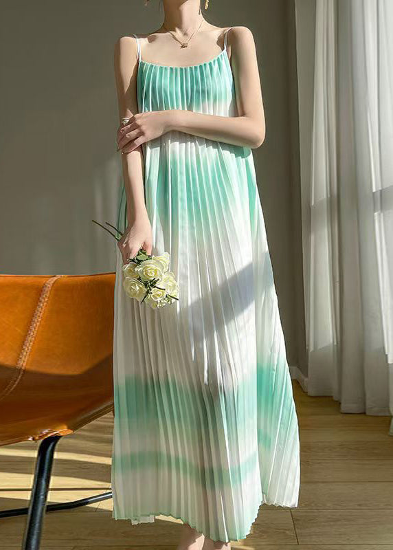 Bohemian Green Wrinkled Cotton Spaghetti Strap Dress Sleeveless AB1016 Genistyle Shop