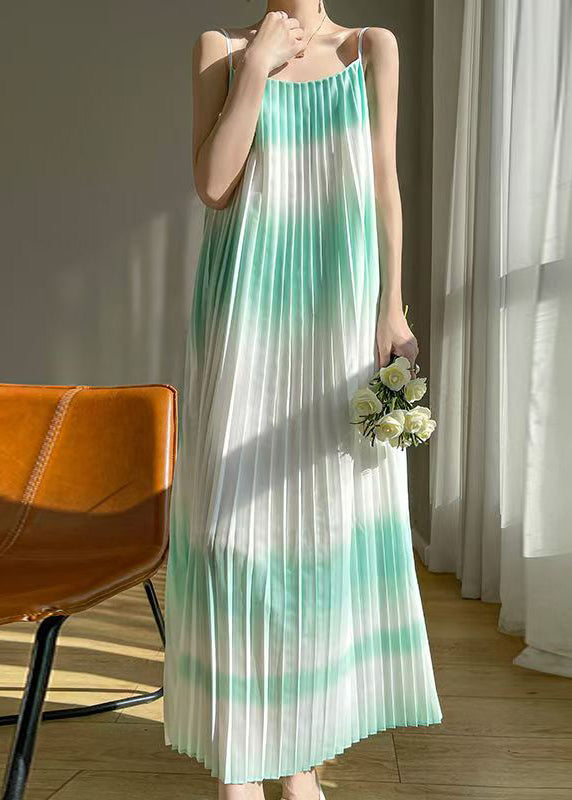 Bohemian Green Wrinkled Cotton Spaghetti Strap Dress Sleeveless AB1016 Genistyle Shop