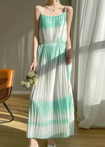 Bohemian Green Wrinkled Cotton Spaghetti Strap Dress Sleeveless AB1016 Genistyle Shop