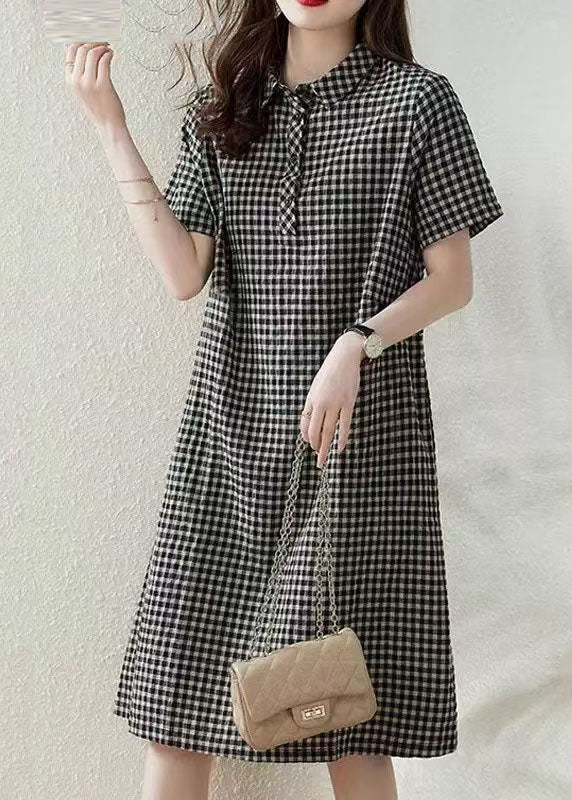 Dress Collar Summer Linen Plaid Bohemian Peter Grey Vacation Pan FashionChic