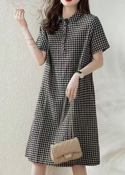 Dress Collar Summer Linen Plaid Bohemian Peter Grey Vacation Pan FashionChic