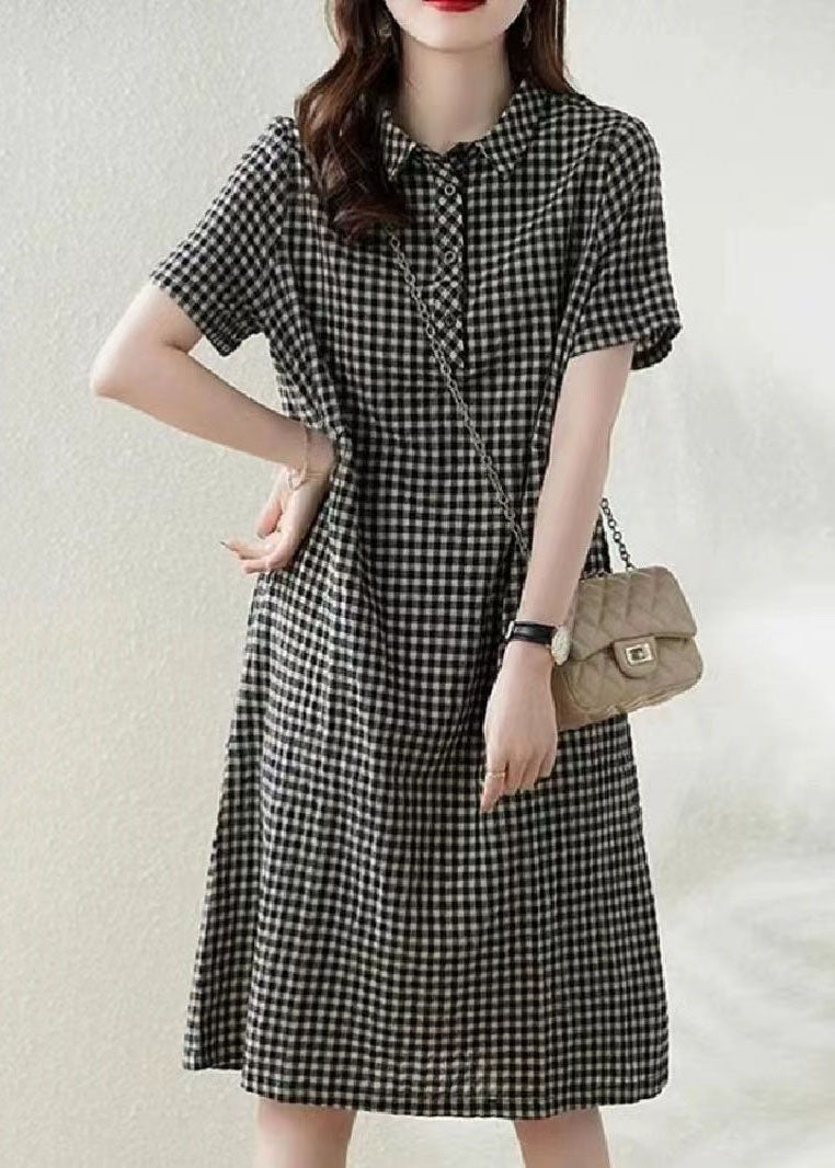 Dress Collar Summer Linen Plaid Bohemian Peter Grey Vacation Pan FashionChic