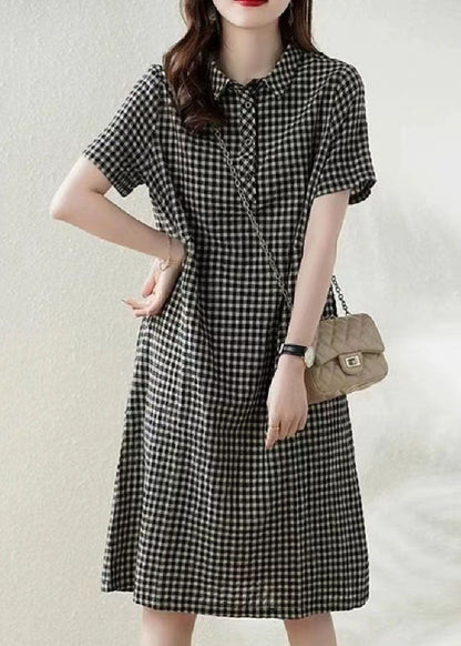 Dress Collar Summer Linen Plaid Bohemian Peter Grey Vacation Pan FashionChic