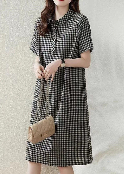 Dress Collar Summer Linen Plaid Bohemian Peter Grey Vacation Pan FashionChic