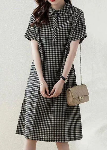 Dress Collar Summer Linen Plaid Bohemian Peter Grey Vacation Pan FashionChic