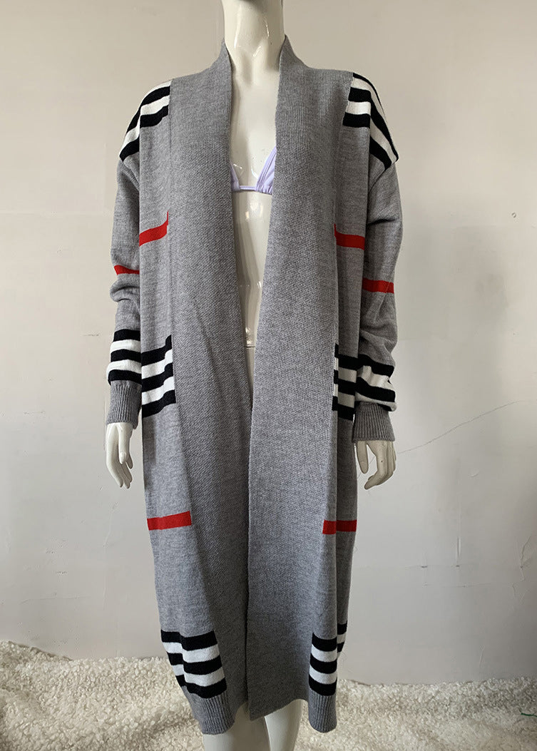 Bohemian Grey V Neck Striped Knit Cardigan Fall QY010 BB-ZS-WM-NCT241002