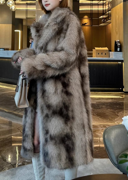 Bohemian Khaki Pockets Print Leather And Fur Long Coats Winter RD016 ABC