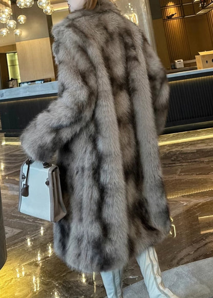 Bohemian Khaki Pockets Print Leather And Fur Long Coats Winter RD016 ABC