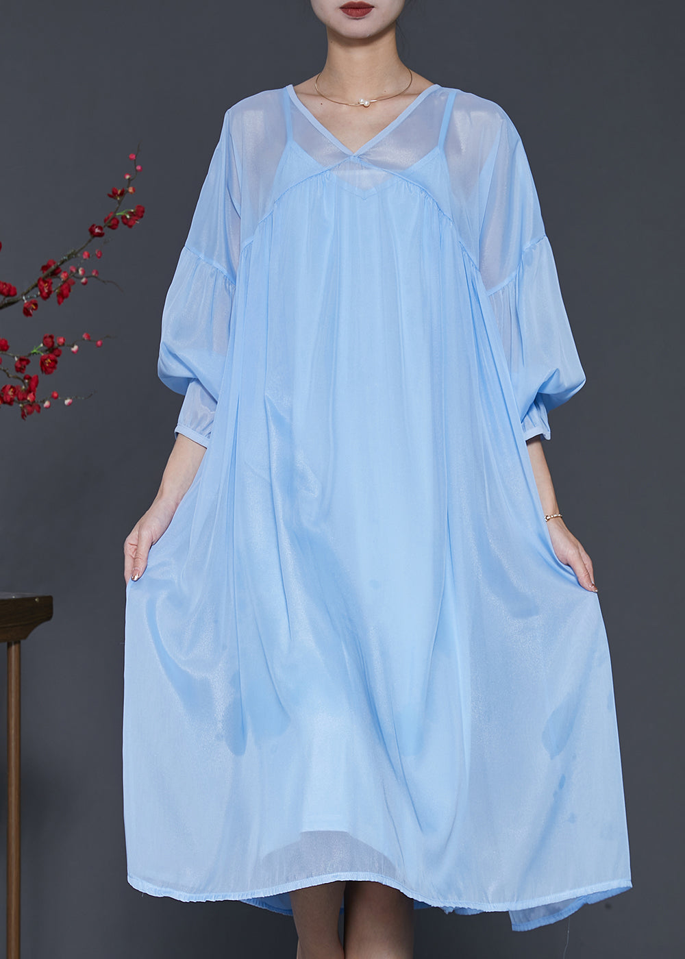 Bohemian Lake Blue Draping Chiffon Dress Two Piece Set Lantern Sleeve SD1040 Ada Fashion