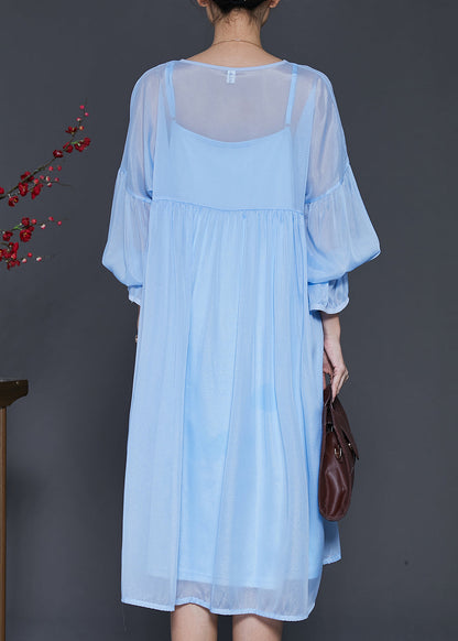 Bohemian Lake Blue Draping Chiffon Dress Two Piece Set Lantern Sleeve SD1040 Ada Fashion