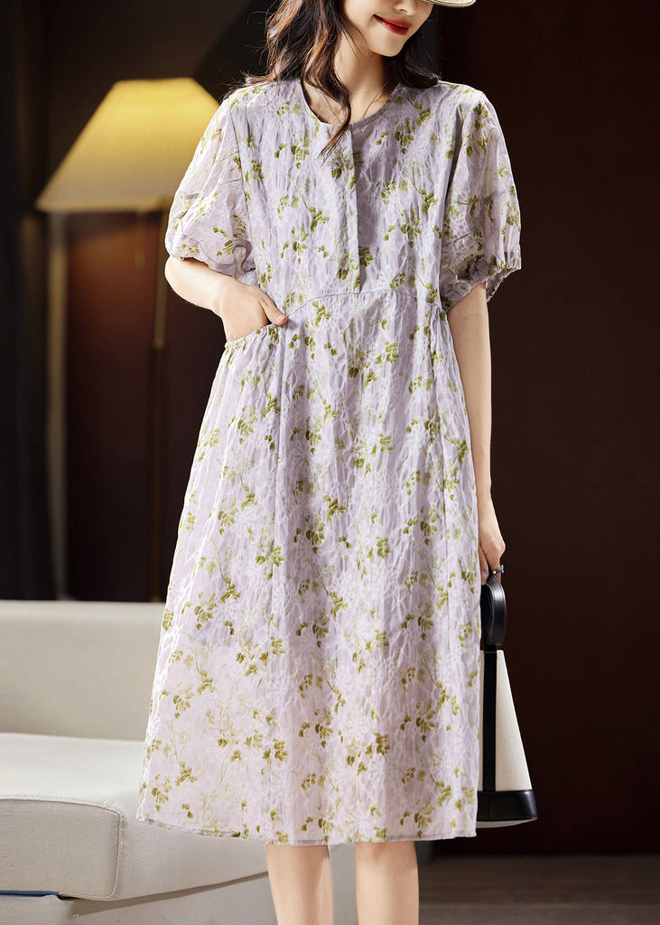 Bohemian Light Purple Print Patchwork Cotton Holiday Long Dress Puff Sleeve WW029 OL-SDL240812