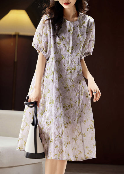 Bohemian Light Purple Print Patchwork Cotton Holiday Long Dress Puff Sleeve WW029 OL-SDL240812