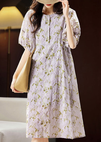 Bohemian Light Purple Print Patchwork Cotton Holiday Long Dress Puff Sleeve WW029 OL-SDL240812