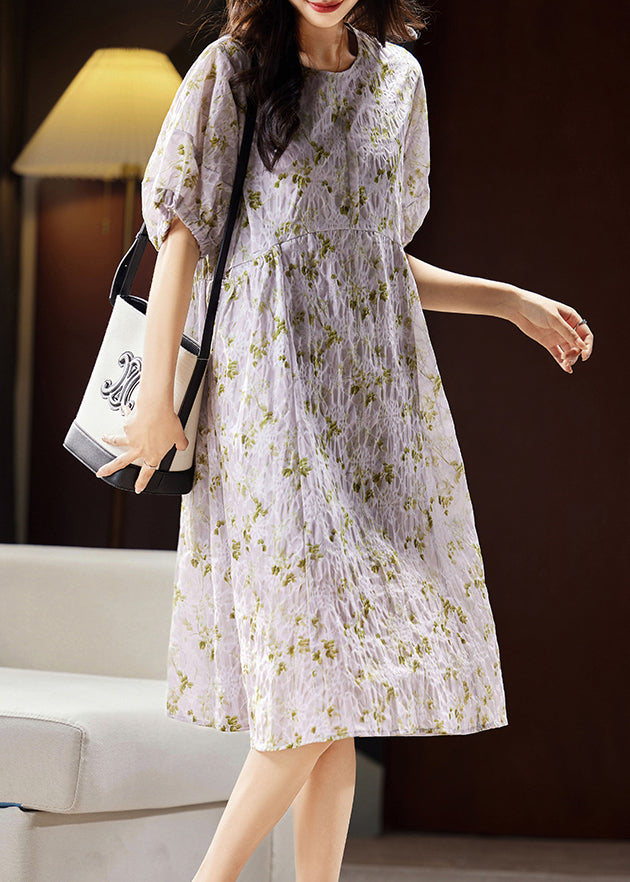 Bohemian Light Purple Print Patchwork Cotton Holiday Long Dress Puff Sleeve WW029 OL-SDL240812